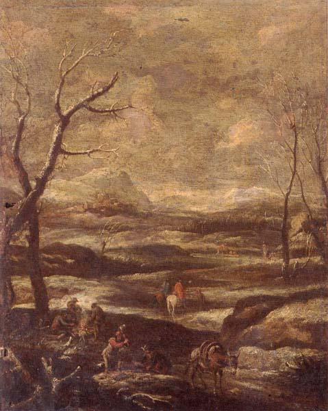 unknow artist A winter landscape with woodcutters and travellers Germany oil painting art